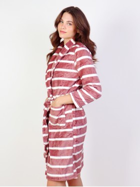 Striped Print Flannel House Robe W/ Pockets
